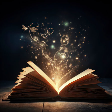 Open book with magic light out of it on dark background. ai generative.の素材