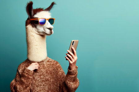 Fashion Lama hipster in trendy glasses holding a phone. ai generative.の素材