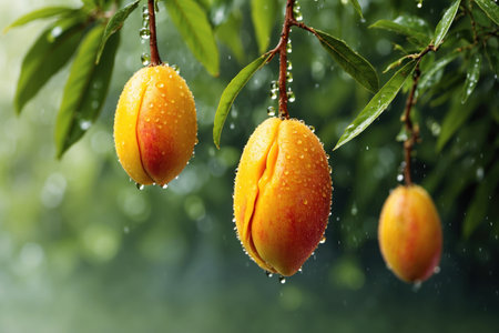 closeup of a fresh mango fruit hung on tree with water drops. ai generative.の素材