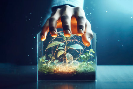 human hand touching a plant on a glass holographic box. conservation of nature. ai generative.の素材