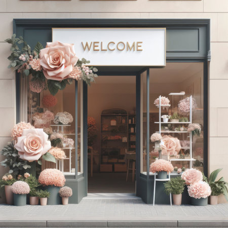 street outdoor view of a generic flower or roses shop display welcome window with signboard mockup. ai generative.の素材