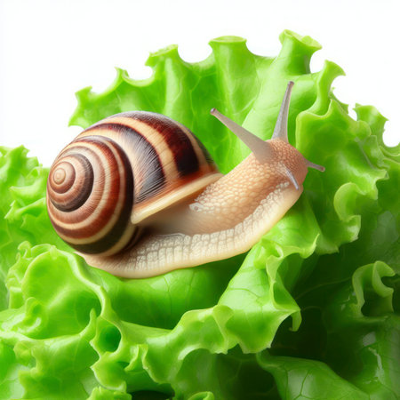Snail on green lettuce leaf isolated on white background. ai generative.の素材