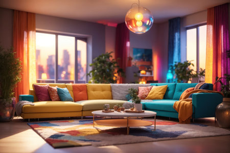 Modern multicolored living room interior. ai generative.の素材