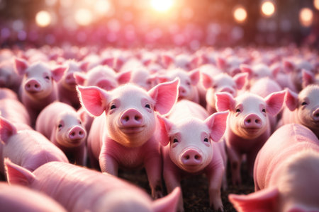 Crowd of cute pink pigs. ai generative.の素材