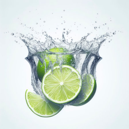 Fresh lime slices splashing deep into water with white background. ai generative.の素材