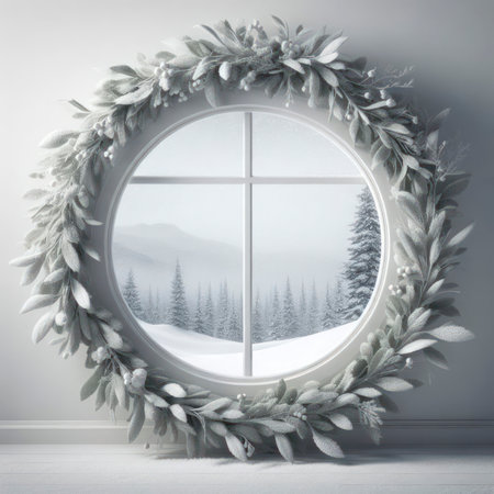 minimalistic scene of a snowy window frame with a wreath, showcasing a snowy outdoor view. ai generative.の素材