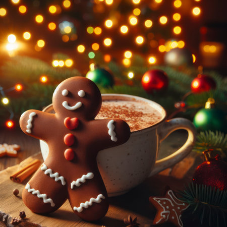 A gingerbread man is sitting in the cup of hot chocolate on the Christmas background. ai generative.の素材