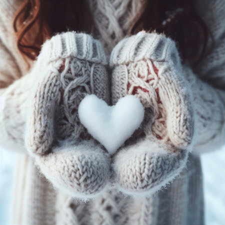 Female hands in knitted mittens with heart of snow in winter day. ai generative.の素材