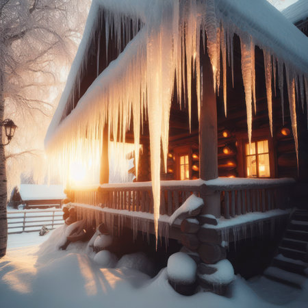 large icicles hang under the roof of the house winter outdoor. ai generative.の素材