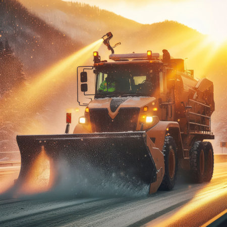 Snow removal equipment works on the highway cleaning the road. ai generative.の素材