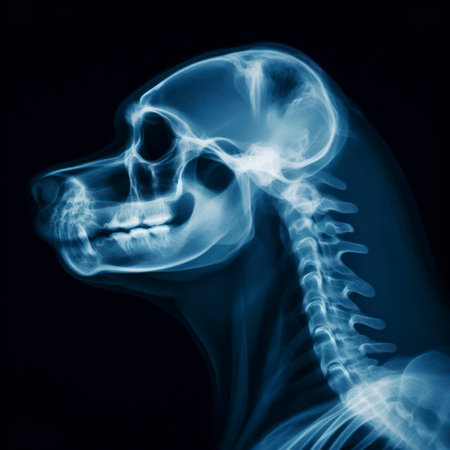 X-ray of a dog blue tone radiograph on a black background. ai generative.の素材