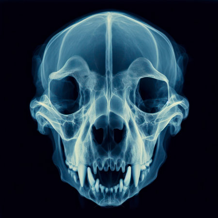 X-ray of a dog skull blue tone radiograph on a black background. ai generative.の素材