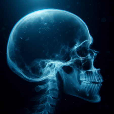 X-ray of human skull of a male, blue tone radiograph on a black background. ai generative.の素材