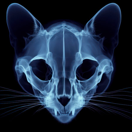 X-ray of a cat skull blue tone radiograph on a black background. ai generative.の素材