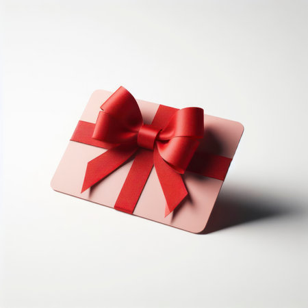 Blank red gift card with red ribbon bow isolated on white background with shadow. ai generative.の素材