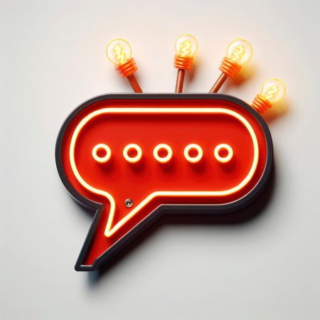 Blank speech bubble signboard with neon light bulbs isolated on white wall background with shadow 3D. ai generative.の素材