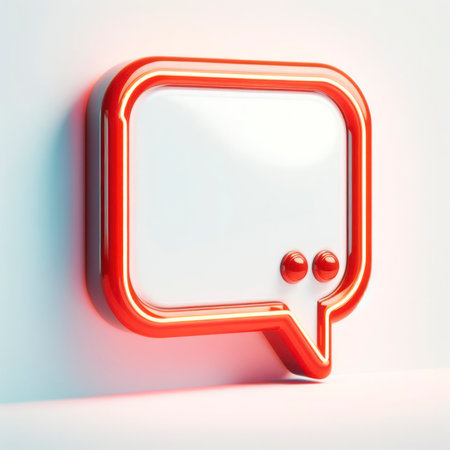 Blank speech bubble signboard with neon light bulbs isolated on white wall background with shadow 3D. ai generative.の素材