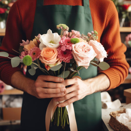 Florist hands close up with a flower shop with a bouquet of flowers. ai generative.の素材