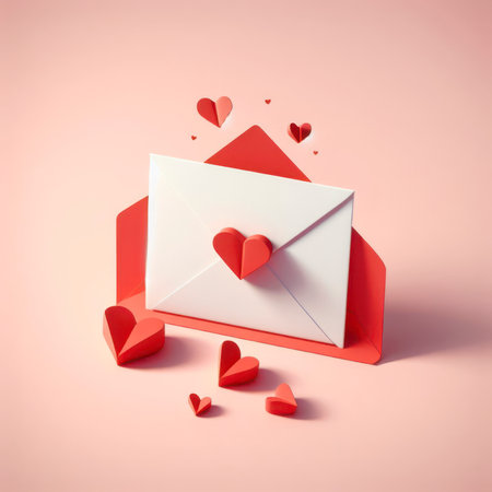 Love letter blank white paper in red envelope and red origami hearts isolated on pastel background. ai generative.の素材