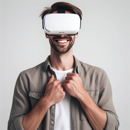 Portrait of happy man wearing virtual reality glasses isolated on flat white background. ai generative.の素材