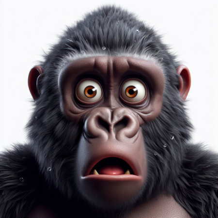 Shocked gorilla with big eyes isolated on white background. ai generative.の素材
