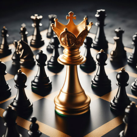 Black king winner surrounded with black gold chess pieces on chess board game competition. ai generative.の素材
