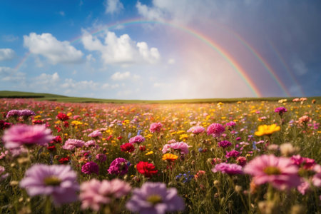 a field full of flowers with a rainbow in the sky. ai generative.の素材