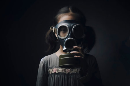 girl child with gas mask on dark background. ai generative.の素材