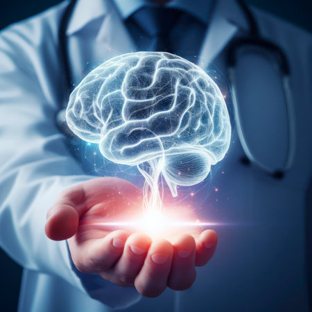 Doctor hand hold glowing brain. ai generative.の素材