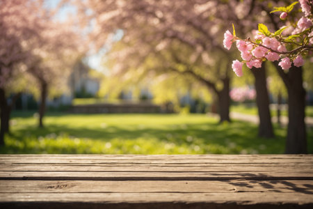 Empty old wooden table with Spring with trees in blooming and defocused sunny garden. ai generative.の素材