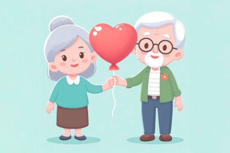 Grandparent holding heart balloon with smiling, Happy retirement and healthy life, cartoon illustration. ai generative.の素材