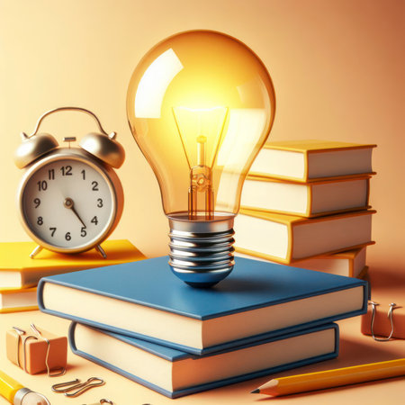 light bulb and books on color background, 3d style. ai generative.の素材