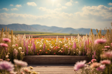 Natural podium product display backdrop with dreamy flower field background. ai generative.の素材