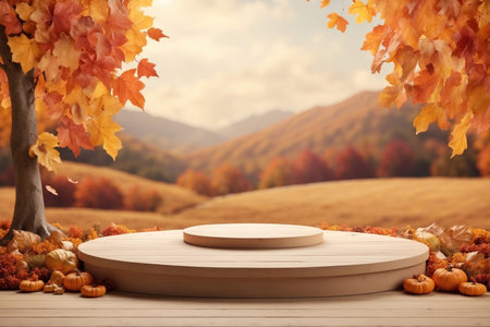 Natural podium product display backdrop with dreamy autumn falling leaves field background. ai generative.の素材