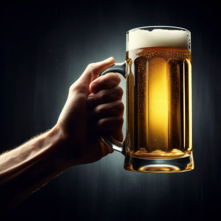 a hand holds a tall beer mug against a dark background. ai generative.の素材