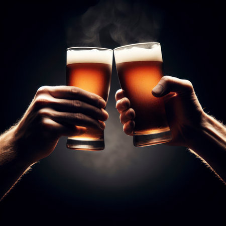 two hands raising beer glasses toasting black background. ai generative.の素材