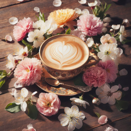 Beautiful Cappuccino on a Wooden Table with Spring Flowers. ai generative.の素材