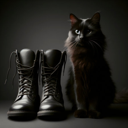 Black cat sit on boots on black background. ai generative.の素材