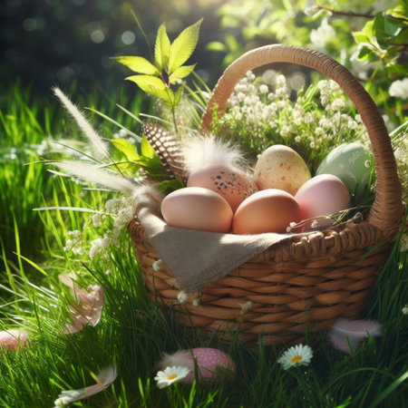 easter eggs in a woven basket hidden in the green spring grass. ai generative.の素材
