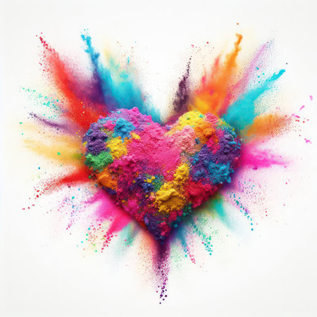 Colorful powder forms heart-shaped splash on white background. ai generative.の素材