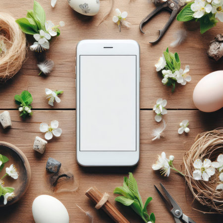Digital phone mockup with rustic spring decorations for app presentation with empty space for you design. ai generative.の素材