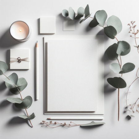 Blank greeting paper card, invitation mockup scene top view with eucalyptus tree branches. ai generative.の素材