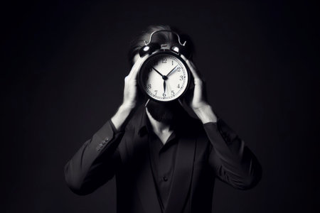Man with alarm clock head on black background. ai generative.の素材