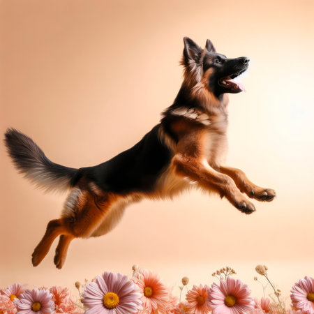 German Shepherd Dog Jumping on color Background. ai generative.の素材