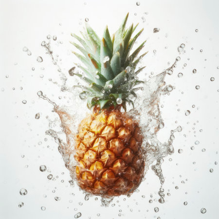 Falling pineapple fruit meets water in a splash on white background. ai generative.の素材