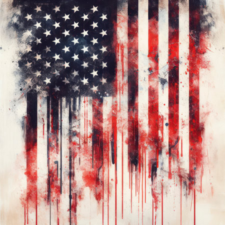 On a white background, the US flag. American flag with grunge texture with elements of blood. ai generative.の素材