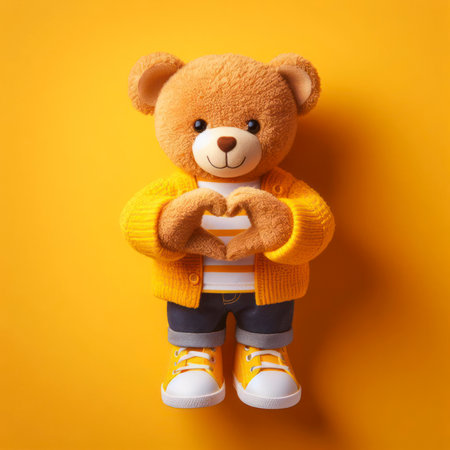Photo of cheerful adorable teddy Bear wear yellow trendy clothes two arms demonstrate heart shape. ai generative.の素材