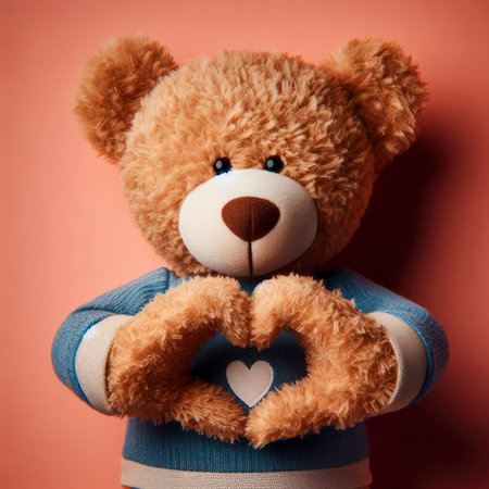 Photo of adorable teddy Bear two arms demonstrate heart shape isolated on color background. ai generative.の素材