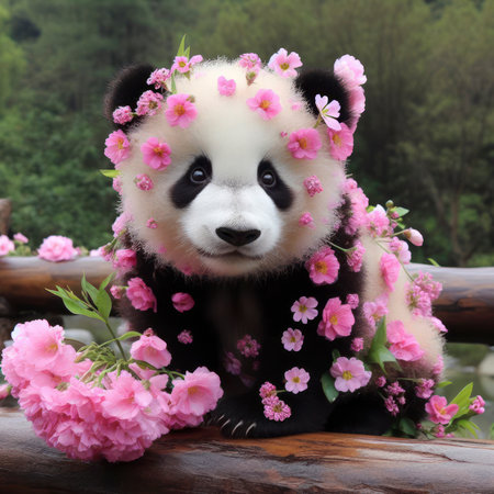 Photo of a panda covered with fresh spring flowers all over its body. ai generative.の素材