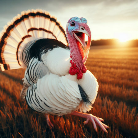 photo of a turkey running with sunny face. ai generative.の素材